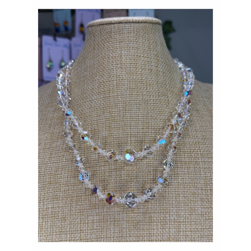 Vintage Aurora Borealis Crystal Double Strand Graduated Bead Necklace J-Hook